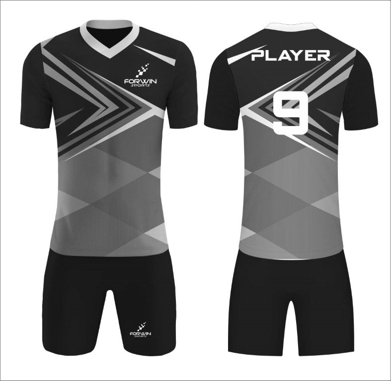 This image showcases a custom soccer uniform from Forwin Sports, designed by high-ranked manufacturers. The uniform includes a customized lightweight jersey with a player number, breathable shorts, knee-length socks, and advanced cleats, all tailored to ensure superior comfort, flexibility, and performance on the soccer field.