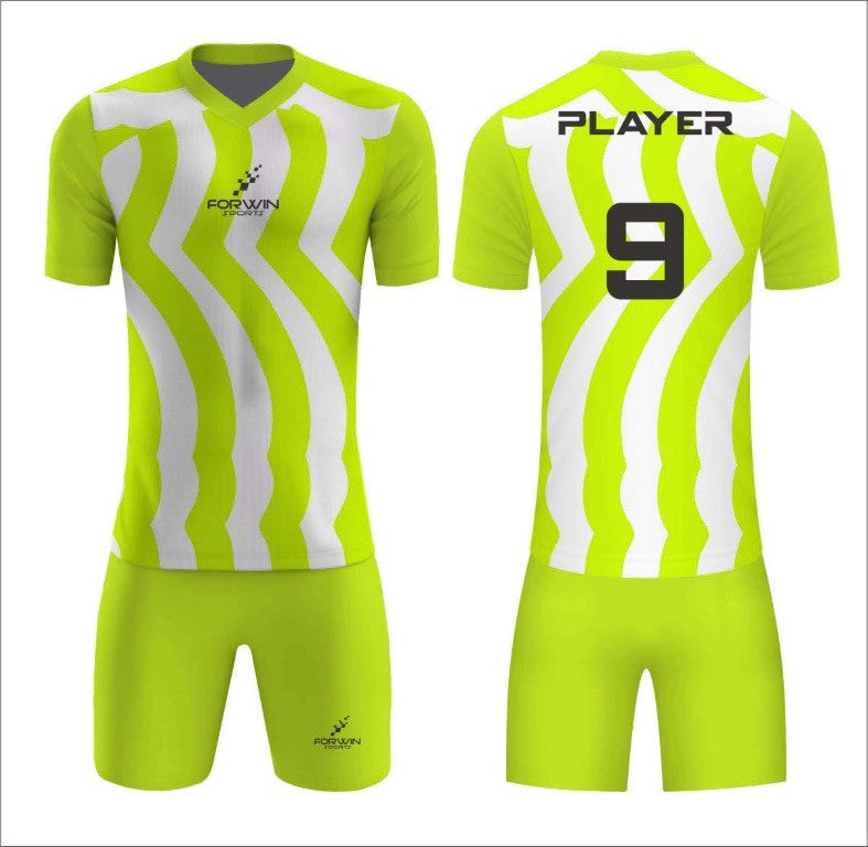 This image showcases a custom soccer uniform from Forwin Sports, designed by high-ranked manufacturers. The uniform includes a customized lightweight jersey with a player number, breathable shorts, knee-length socks, and advanced cleats, all tailored to ensure superior comfort, flexibility, and performance on the soccer field.