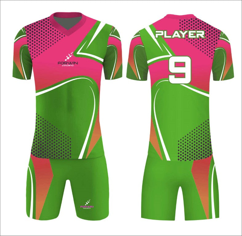 This image depicts a custom soccer uniform by Forwin Sports, expertly crafted by top manufacturers. The uniform includes a customized lightweight jersey with a player number, breathable shorts, knee-length socks, and premium cleats, all engineered to provide maximum comfort, agility, and durability on the soccer field.