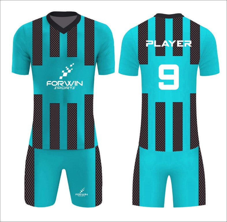 This image showcases a custom soccer uniform from Forwin Sports, designed by high-ranked manufacturers. The uniform includes a customized lightweight jersey with a player number, breathable shorts, knee-length socks, and advanced cleats, all tailored to ensure superior comfort, flexibility, and performance on the soccer field.