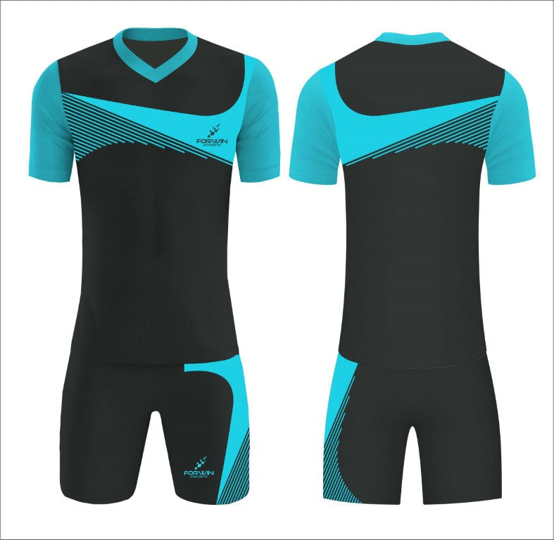 This image depicts a custom soccer uniform by Forwin Sports, expertly crafted by top manufacturers. The uniform includes a customized lightweight jersey with a player number, breathable shorts, knee-length socks, and premium cleats, all engineered to provide maximum comfort, agility, and durability on the soccer field.