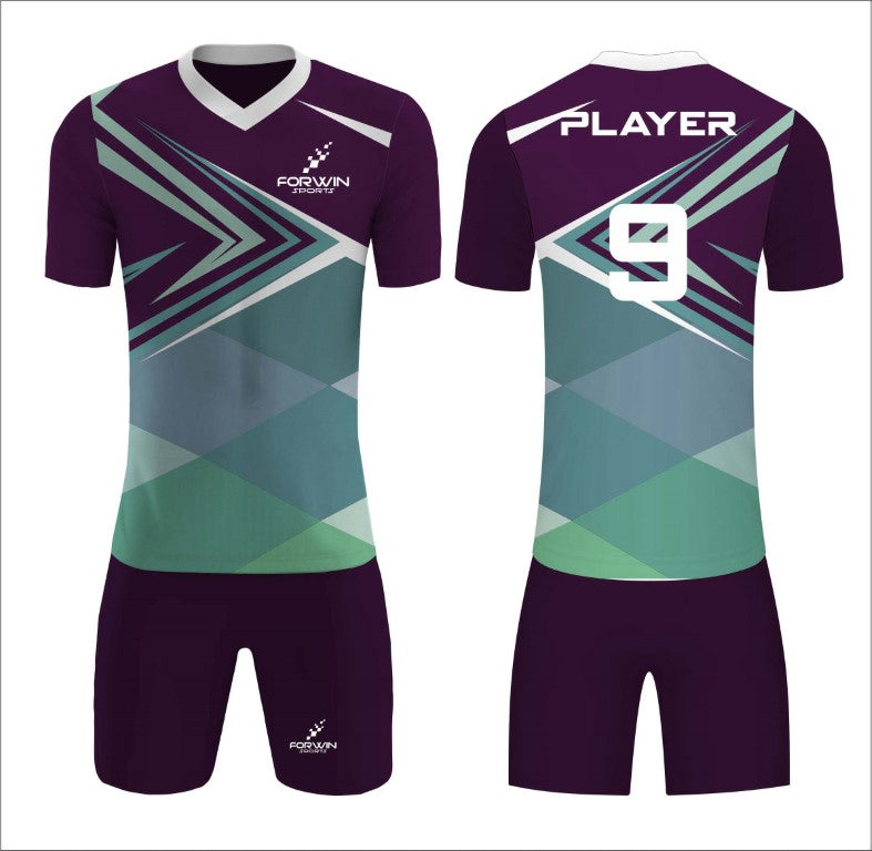 This image showcases a custom soccer uniform from Forwin Sports, designed by high-ranked manufacturers. The uniform includes a customized lightweight jersey with a player number, breathable shorts, knee-length socks, and advanced cleats, all tailored to ensure superior comfort, flexibility, and performance on the soccer field.