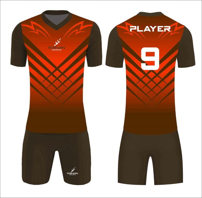 This image showcases a custom soccer uniform from Forwin Sports, designed by high-ranked manufacturers. The uniform includes a customized lightweight jersey with a player number, breathable shorts, knee-length socks, and advanced cleats, all tailored to ensure superior comfort, flexibility, and performance on the soccer field.