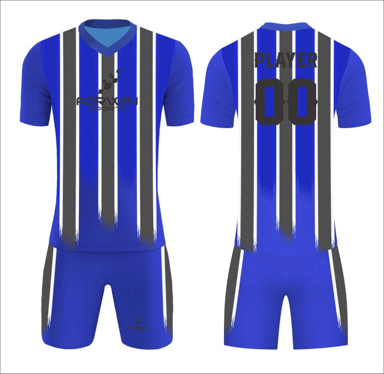 This image features a custom soccer uniform from Forwin Sports. It includes a customized lightweight jersey with a player number, breathable shorts, knee-length socks, and cleats. All components are designed by leading manufacturers to ensure comfort, agility, and top-tier performance on the soccer field.