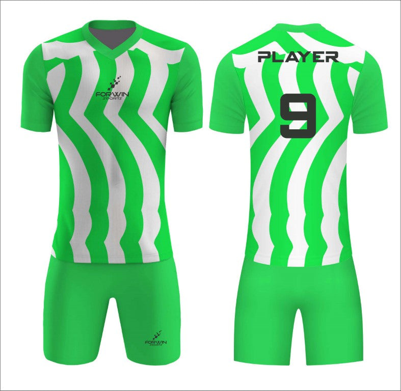 This image showcases a custom soccer uniform from Forwin Sports, designed by high-ranked manufacturers. The uniform includes a customized lightweight jersey with a player number, breathable shorts, knee-length socks, and advanced cleats, all tailored to ensure superior comfort, flexibility, and performance on the soccer field.