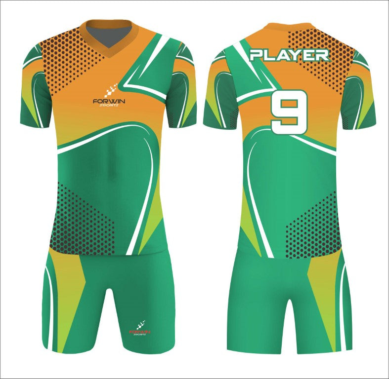 This image depicts a custom soccer uniform by Forwin Sports, expertly crafted by top manufacturers. The uniform includes a customized lightweight jersey with a player number, breathable shorts, knee-length socks, and premium cleats, all engineered to provide maximum comfort, agility, and durability on the soccer field.