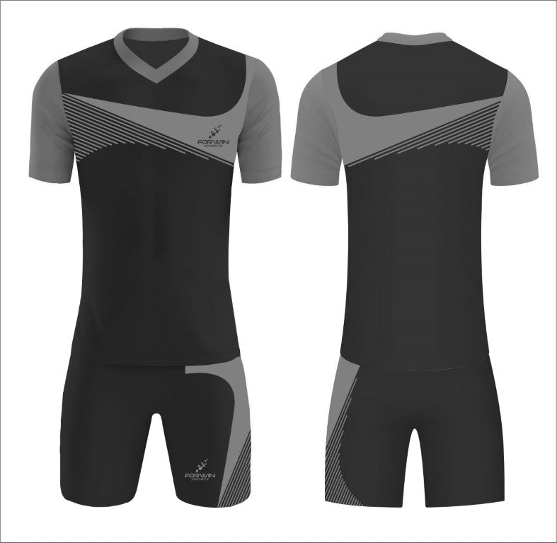 This image depicts a custom soccer uniform by Forwin Sports, expertly crafted by top manufacturers. The uniform includes a customized lightweight jersey with a player number, breathable shorts, knee-length socks, and premium cleats, all engineered to provide maximum comfort, agility, and durability on the soccer field.