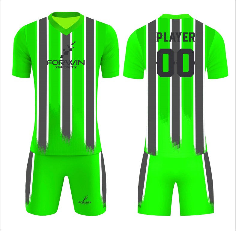 This image features a custom soccer uniform from Forwin Sports. It includes a customized lightweight jersey with a player number, breathable shorts, knee-length socks, and cleats. All components are designed by leading manufacturers to ensure comfort, agility, and top-tier performance on the soccer field.