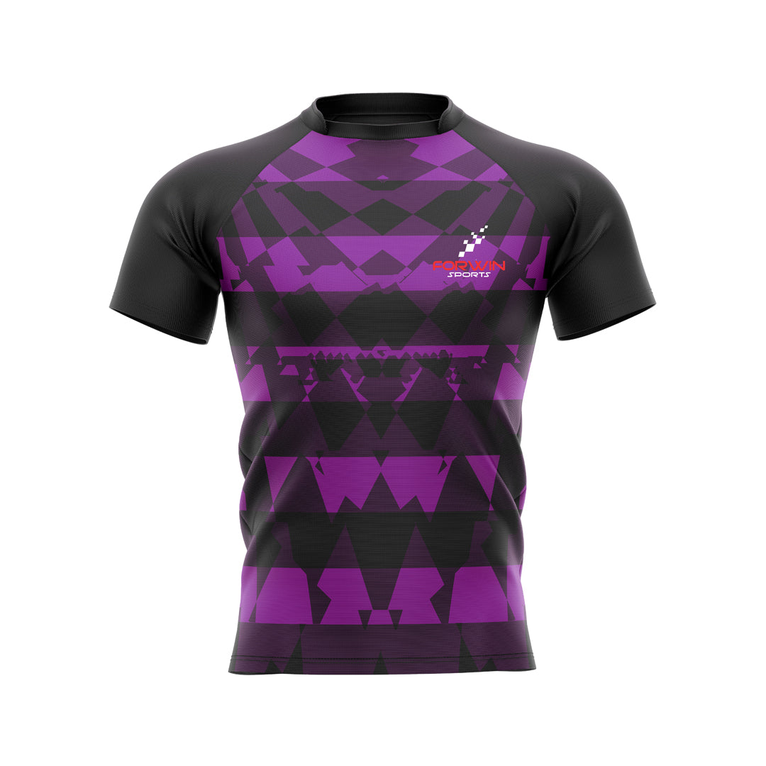 Picture of a rugby jersey, a customized team uniform with graphic design, player number, and name. Ideal for rugby teams, players, and fans.