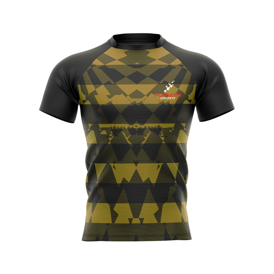 Picture of a rugby jersey, a customized team uniform with graphic design, player number, and name. Ideal for rugby teams, players, and fans.