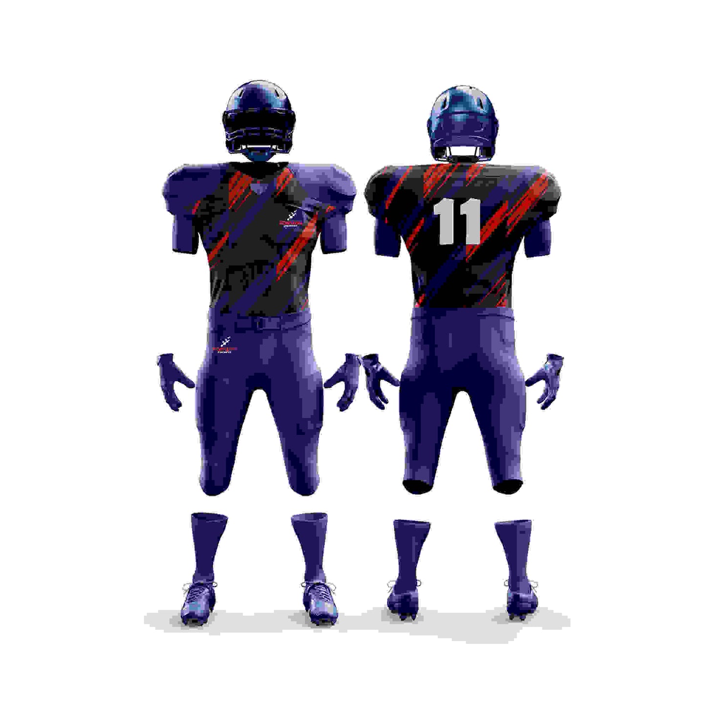 This image shows a complete American football uniform by Forwin Sports. The uniform includes a helmet with a protective faceguard, shoulder pads, a jersey with a player number, padded pants, and cleats. Each component is designed to provide safety and improve performance for football players on the field.