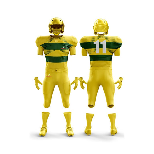 The image showcases a full American football uniform from Forwin Sports. It comprises a protective helmet with a faceguard, durable shoulder pads, a distinctive jersey with a player number, padded pants, and specialized cleats, all crafted for optimal safety and athletic performance.