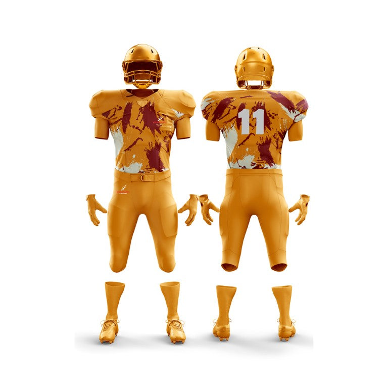 This image features a complete American football uniform by Forwin Sports. It includes a helmet with a faceguard, shoulder pads, a numbered jersey, padded pants, and cleats, all engineered for maximum protection and performance on the football field.