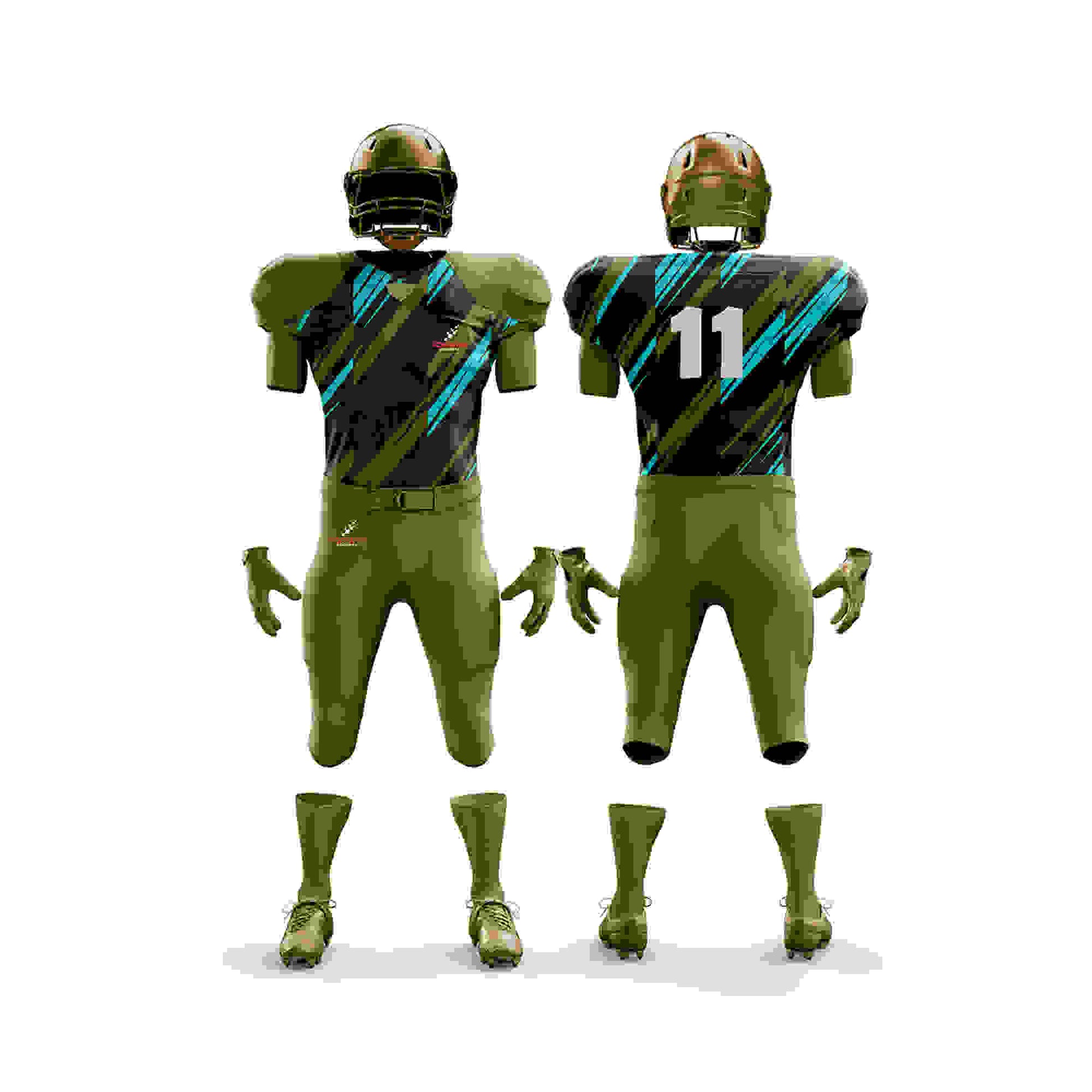 This image shows a complete American football uniform by Forwin Sports. The uniform includes a helmet with a protective faceguard, shoulder pads, a jersey with a player number, padded pants, and cleats. Each component is designed to provide safety and improve performance for football players on the field.