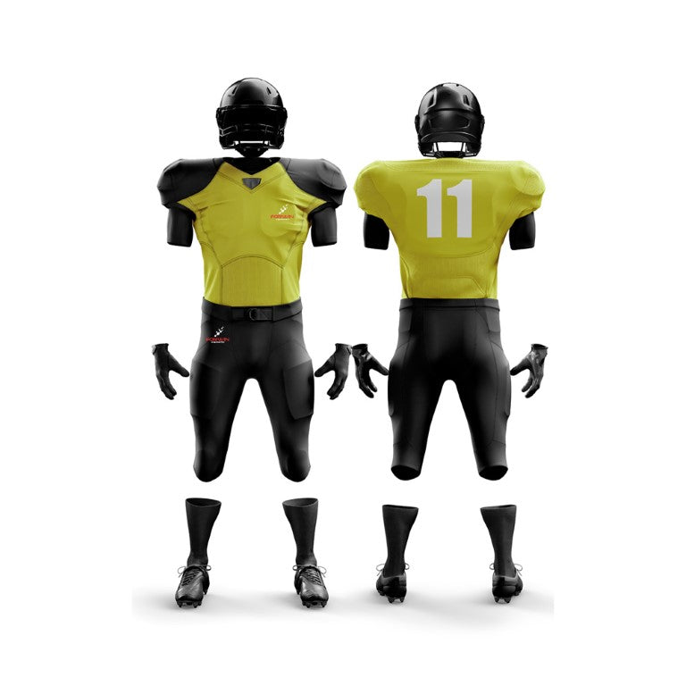 This image shows a complete American football uniform by Forwin Sports. The uniform includes a helmet with a protective faceguard, shoulder pads, a jersey with a player number, padded pants, and cleats. Each component is designed to provide safety and improve performance for football players on the field.