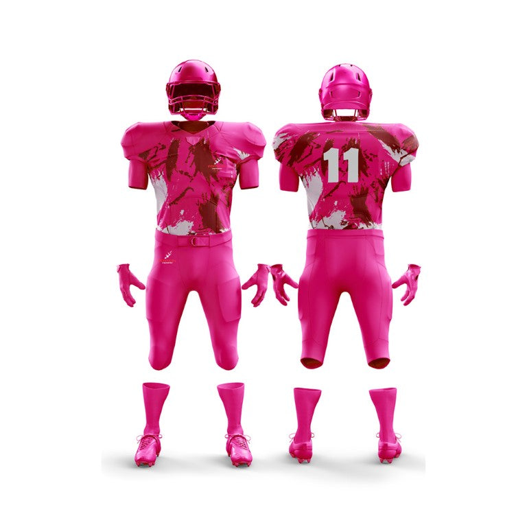 This image depicts a full American football uniform from Forwin Sports. It includes a helmet with a faceguard, shoulder pads, a numbered jersey, padded pants, and cleats, all designed for player protection and performance enhancement during the game.