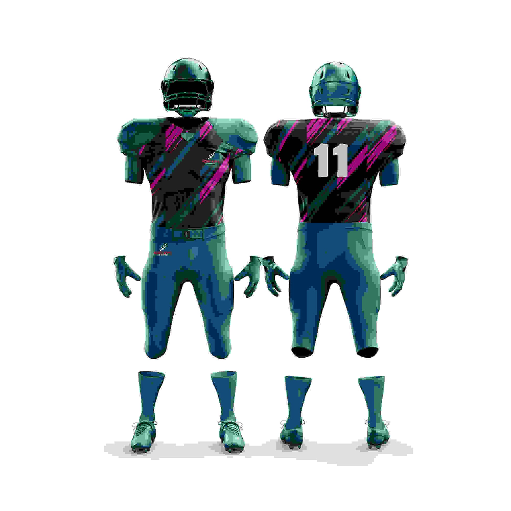 This image shows a complete American football uniform by Forwin Sports. The uniform includes a helmet with a protective faceguard, shoulder pads, a jersey with a player number, padded pants, and cleats. Each component is designed to provide safety and improve performance for football players on the field.