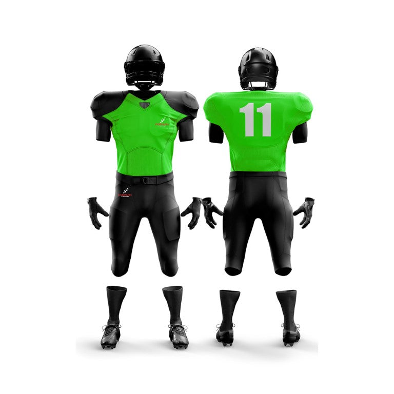 This image shows a complete American football uniform by Forwin Sports. The uniform includes a helmet with a protective faceguard, shoulder pads, a jersey with a player number, padded pants, and cleats. Each component is designed to provide safety and improve performance for football players on the field.