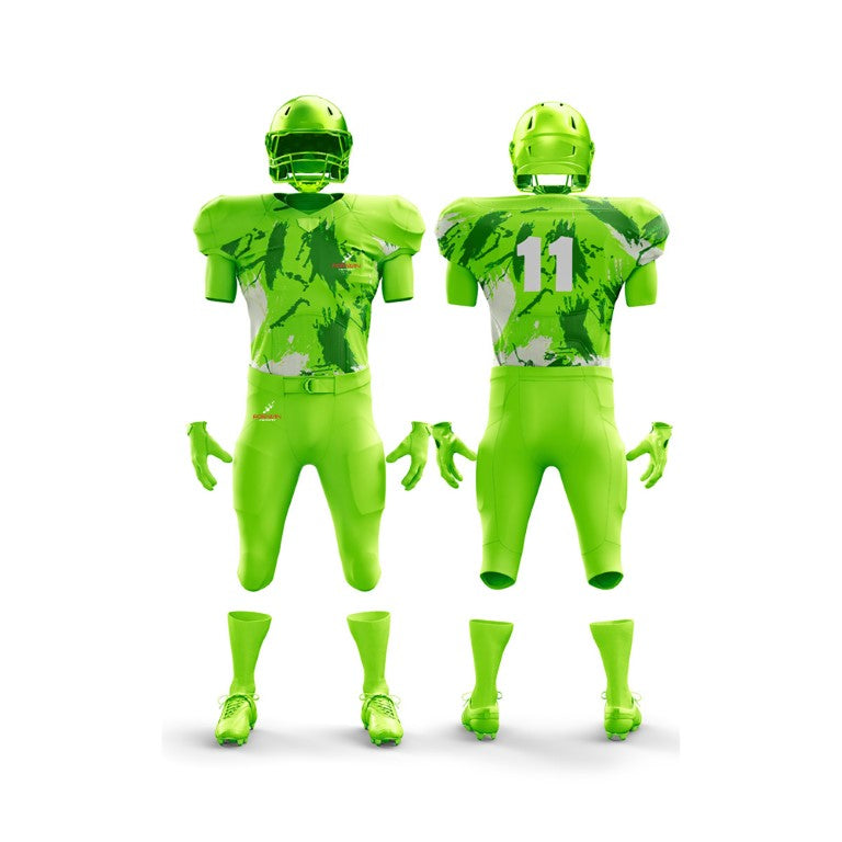 This image features a complete American football uniform by Forwin Sports. It includes a helmet with a faceguard, shoulder pads, a numbered jersey, padded pants, and cleats, all engineered for maximum protection and performance on the football field.