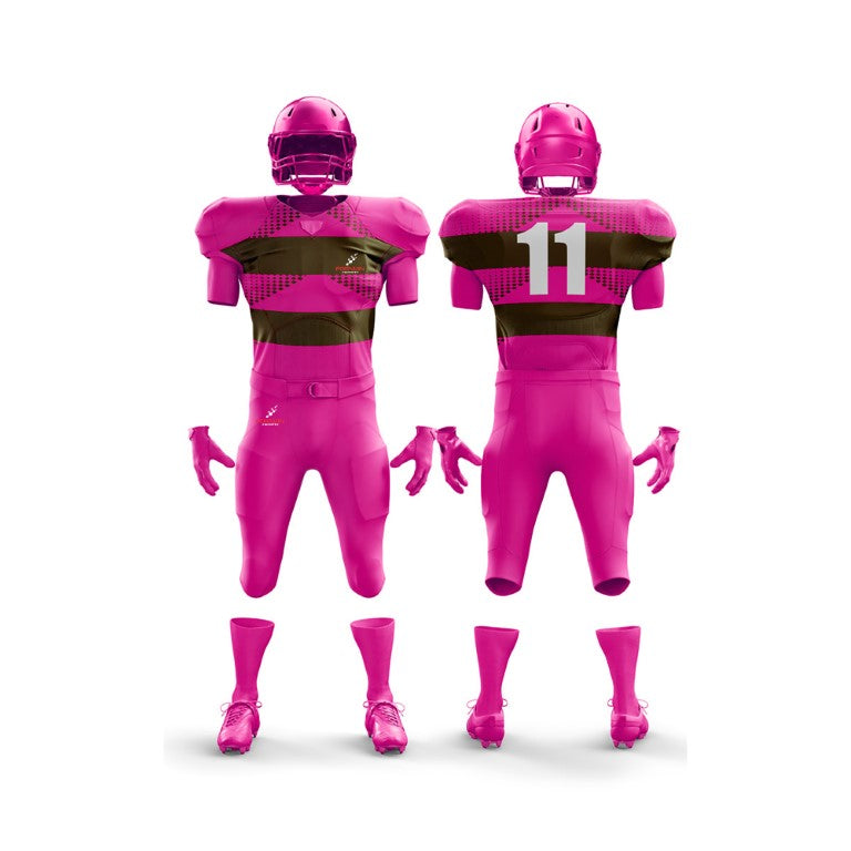 The image showcases a full American football uniform from Forwin Sports. It comprises a protective helmet with a faceguard, durable shoulder pads, a distinctive jersey with a player number, padded pants, and specialized cleats, all crafted for optimal safety and athletic performance.