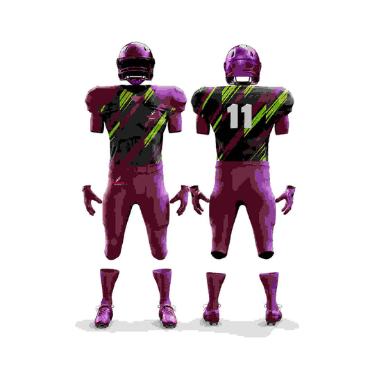 This image shows a complete American football uniform by Forwin Sports. The uniform includes a helmet with a protective faceguard, shoulder pads, a jersey with a player number, padded pants, and cleats. Each component is designed to provide safety and improve performance for football players on the field.