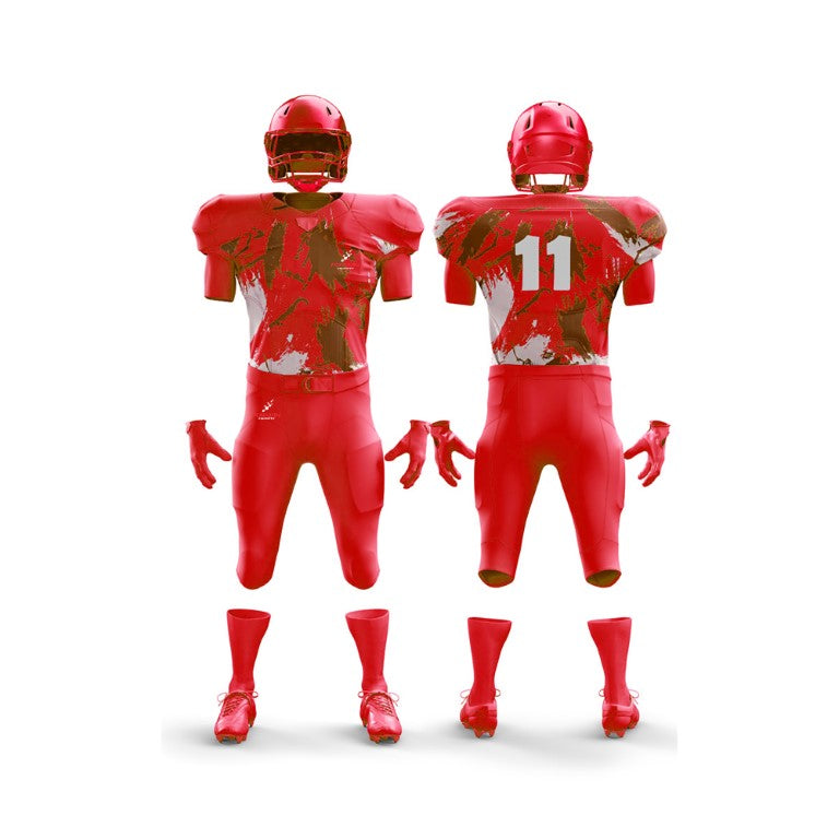 This image features a complete American football uniform by Forwin Sports. It includes a helmet with a faceguard, shoulder pads, a numbered jersey, padded pants, and cleats, all engineered for maximum protection and performance on the football field.