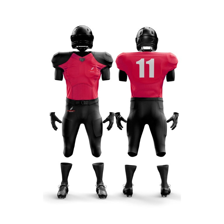 This image shows a complete American football uniform by Forwin Sports. The uniform includes a helmet with a protective faceguard, shoulder pads, a jersey with a player number, padded pants, and cleats. Each component is designed to provide safety and improve performance for football players on the field.