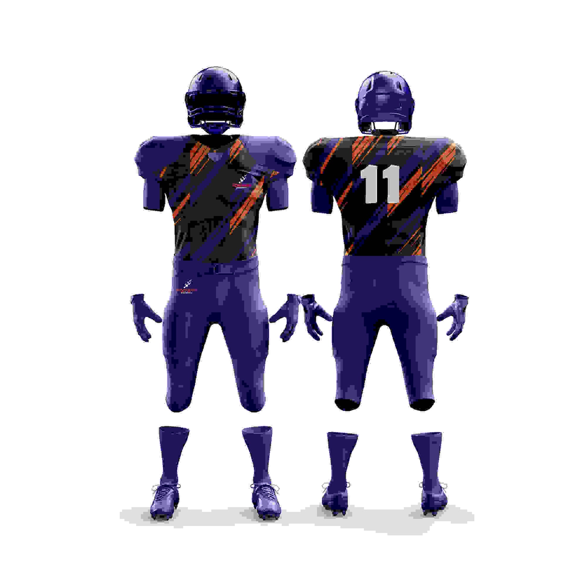 This image shows a complete American football uniform by Forwin Sports. The uniform includes a helmet with a protective faceguard, shoulder pads, a jersey with a player number, padded pants, and cleats. Each component is designed to provide safety and improve performance for football players on the field.