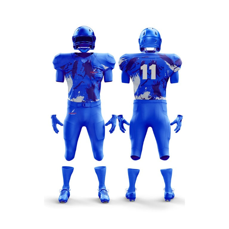 This image features a complete American football uniform by Forwin Sports. It includes a helmet with a faceguard, shoulder pads, a numbered jersey, padded pants, and cleats, all engineered for maximum protection and performance on the football field.