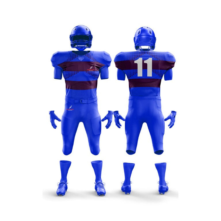 The image showcases a full American football uniform from Forwin Sports. It comprises a protective helmet with a faceguard, durable shoulder pads, a distinctive jersey with a player number, padded pants, and specialized cleats, all crafted for optimal safety and athletic performance.