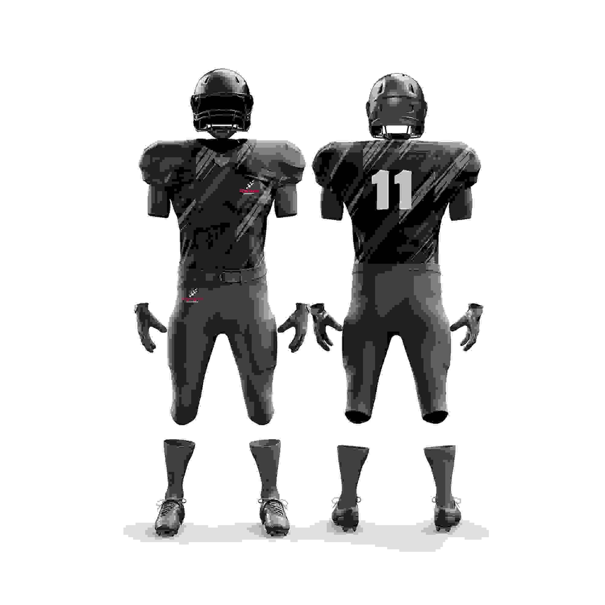 This image shows a complete American football uniform by Forwin Sports. The uniform includes a helmet with a protective faceguard, shoulder pads, a jersey with a player number, padded pants, and cleats. Each component is designed to provide safety and improve performance for football players on the field.