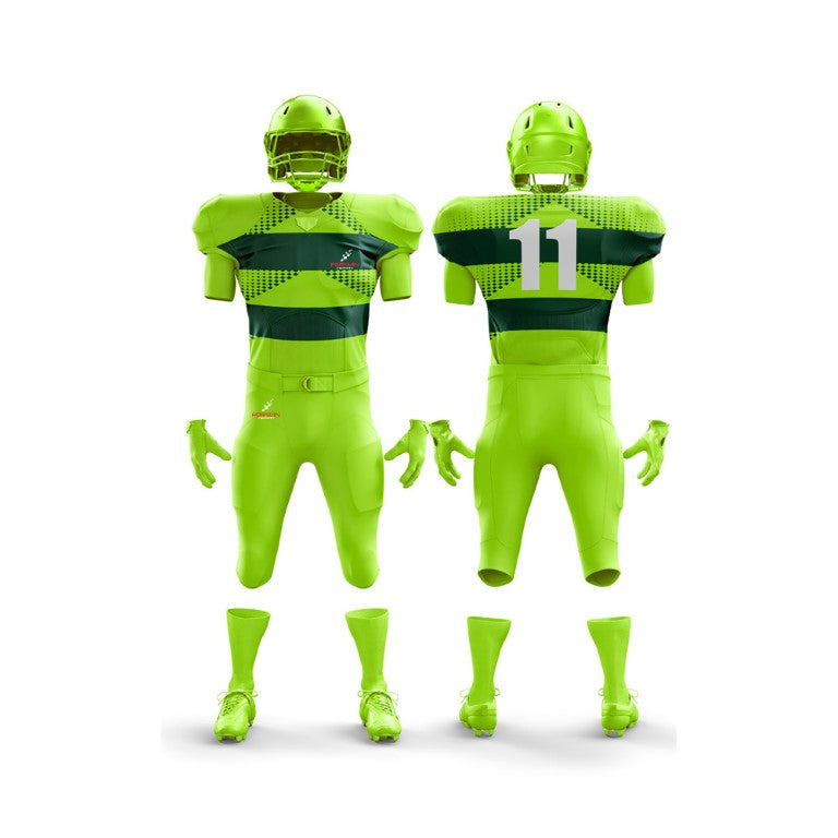 The image showcases a full American football uniform from Forwin Sports. It comprises a protective helmet with a faceguard, durable shoulder pads, a distinctive jersey with a player number, padded pants, and specialized cleats, all crafted for optimal safety and athletic performance.