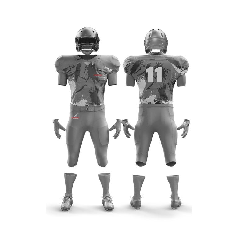 This image features a complete American football uniform by Forwin Sports. It includes a helmet with a faceguard, shoulder pads, a numbered jersey, padded pants, and cleats, all engineered for maximum protection and performance on the football field.