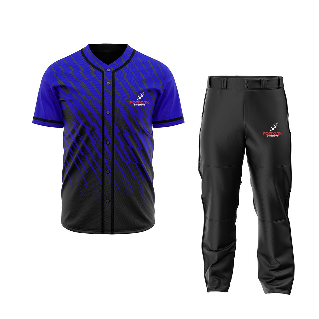 This image shows a full baseball uniform by Forwin Sports. It includes a fitted cap, a button-up jersey with a player number, durable pants with a belt, socks, and cleats, all designed for comfort, protection, and optimal performance on the baseball field.