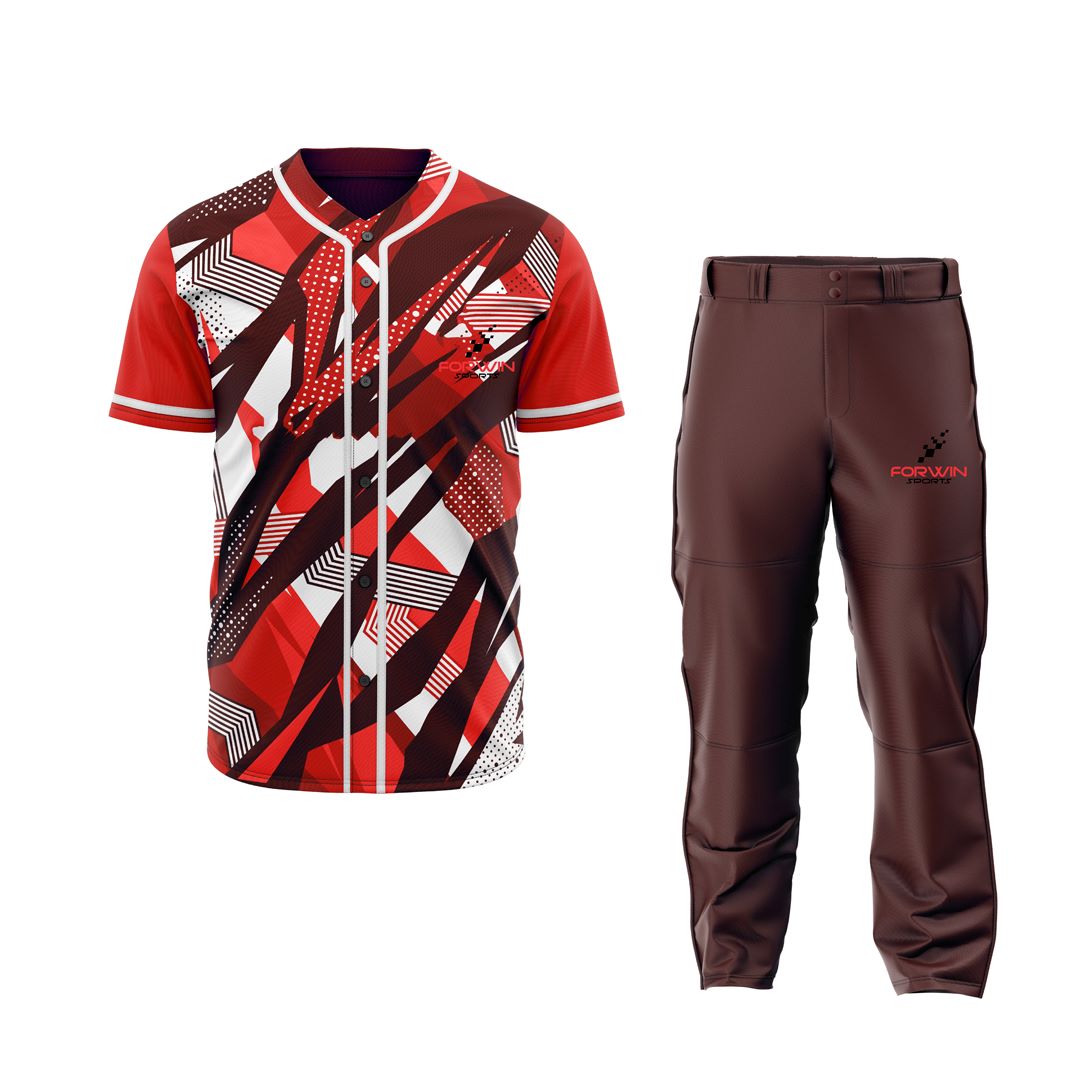 The image showcases a full baseball uniform by Forwin Sports. It includes a cap, a button-up jersey with a player number, durable pants with a belt, socks, and cleats, all crafted to enhance comfort, safety, and performance for baseball players.