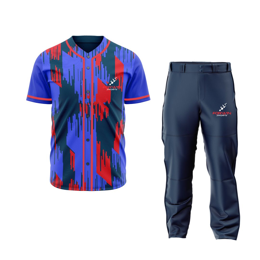 The image showcases a full baseball uniform by Forwin Sports. It includes a cap, a button-up jersey with a player number, durable pants with a belt, socks, and cleats, all crafted to enhance comfort, safety, and performance for baseball players.