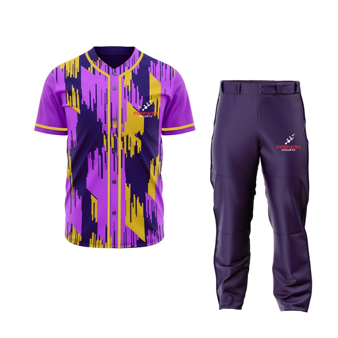 The image showcases a full baseball uniform by Forwin Sports. It includes a cap, a button-up jersey with a player number, durable pants with a belt, socks, and cleats, all crafted to enhance comfort, safety, and performance for baseball players.