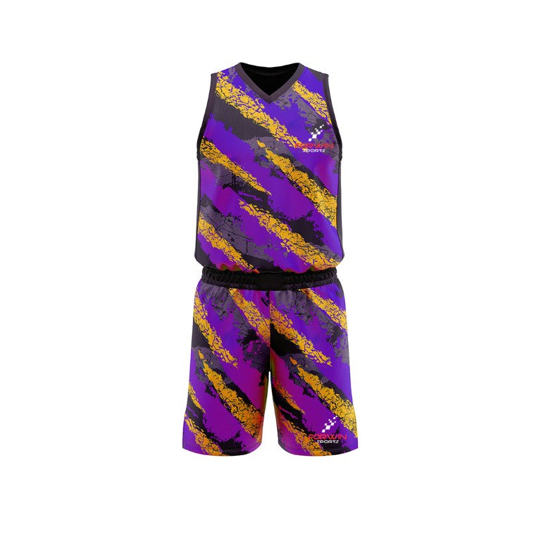 Image of a custom basketball uniform. Features a jersey and shorts with team logo and number. Designed for basketball teams and players.